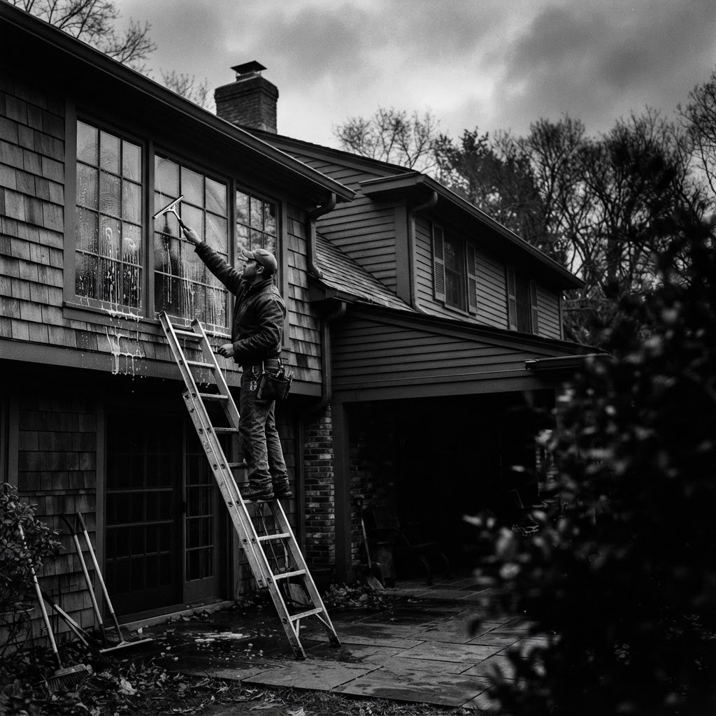 Window cleaner on a ladder hand-cleaning the upper windows of a home