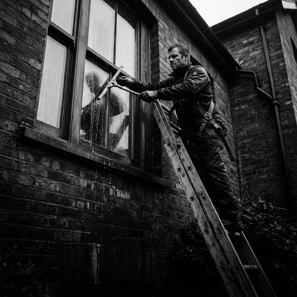 Window cleaner on a ladder hand-cleaning the upper windows of a home