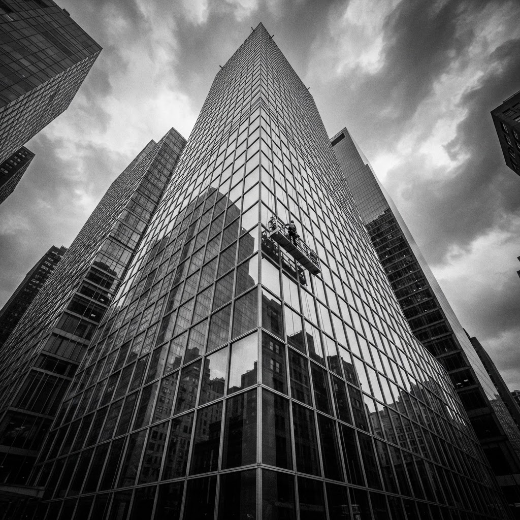 Window cleaner servicing the glass facade of a modern commercial building