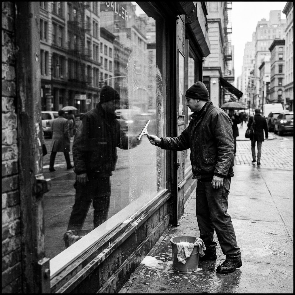 Black-and-white photograph of a commercial storefront glass facade being cleaned.