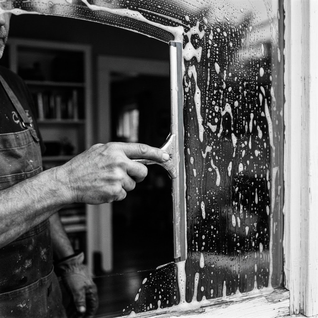 Black-and-white photograph of a residential home window being cleaned by hand.