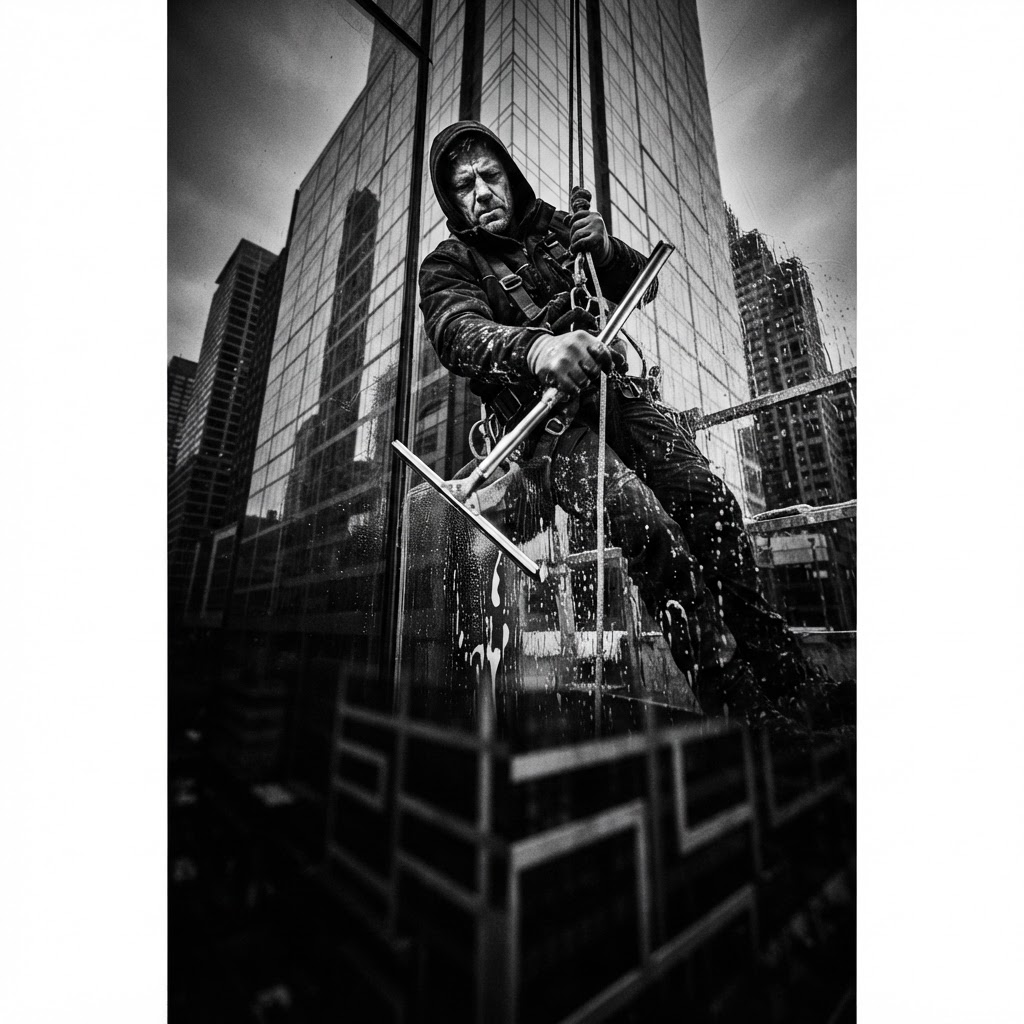Bixol window cleaner drawing a squeegee down a tall pane of glass