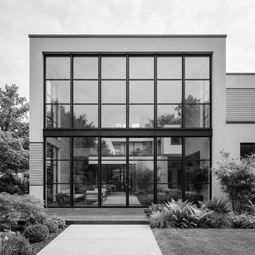 Grid of large windows on a modern home facade